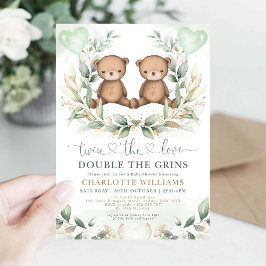Invitación Globo de oro de Teddy Bear Twins Baby Shower Green