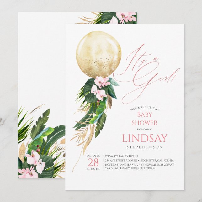 Invitación Globo de oro floral rosa lindo Baby Shower tropica (Anverso / Reverso)