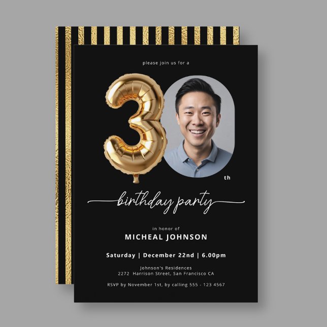 Invitación Globo de oro negro 30 cumpleaños (Black Gold Balloon 30th Birthday Invitation)
