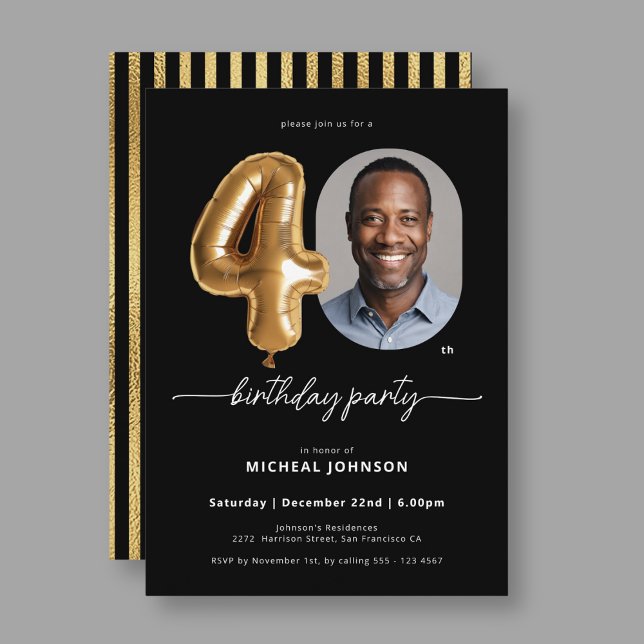 Invitación Globo de oro negro 40 cumpleaños (Black Gold Balloon 40th Birthday Invitation)