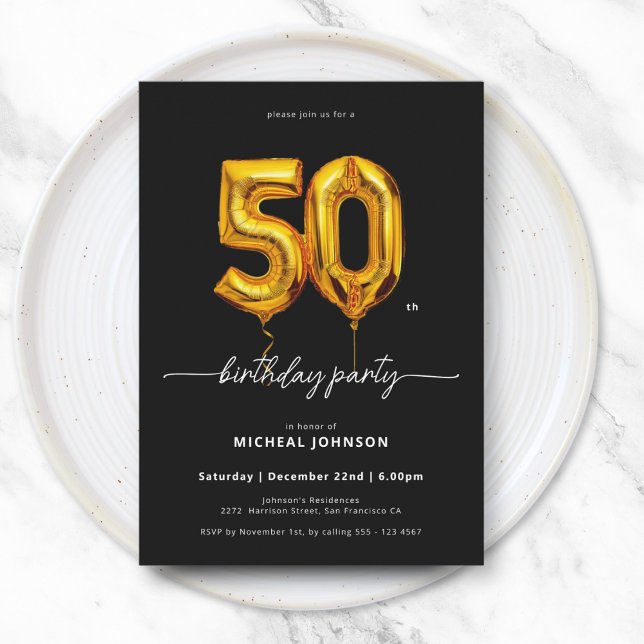 Invitación Globo de oro Negro 50 cumpleaños (Gold Balloon Black 50th Birthday Invitation)