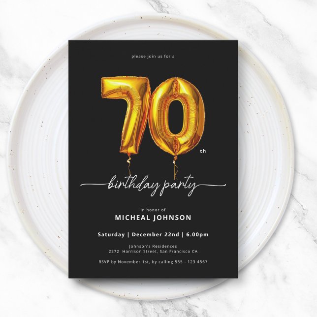 Invitación Globo de oro Negro 70 cumpleaños (Gold Balloon Black 70th Birthday Invitation)