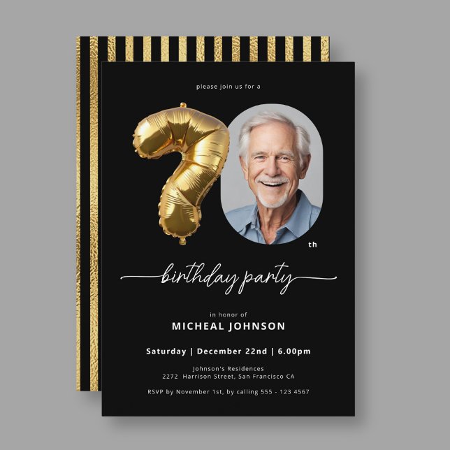Invitación Globo de oro negro 70 cumpleaños (Black Gold Balloon 70th Birthday Invitation)