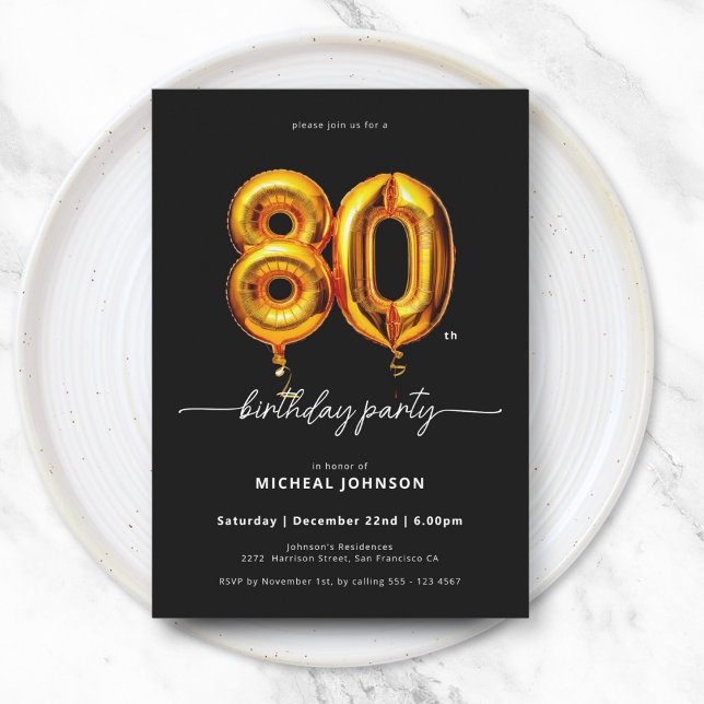 Invitación Globo de oro Negro 80 cumpleaños (Gold Balloon Black 80th Birthday Invitation)