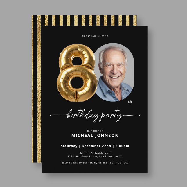 Invitación Globo de oro negro 80 cumpleaños (Black Gold Balloon 80th Birthday Invitation)