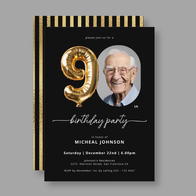 Invitación Globo de oro negro 90 cumpleaños (Black Gold Balloon 90th Birthday Invitation)