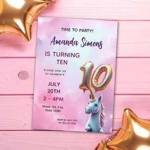 Invitación Globo de oro pastel de niña unicornio Cumpleaños 1