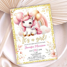 Invitación Globo de oro rosa para bebé de Unicornio