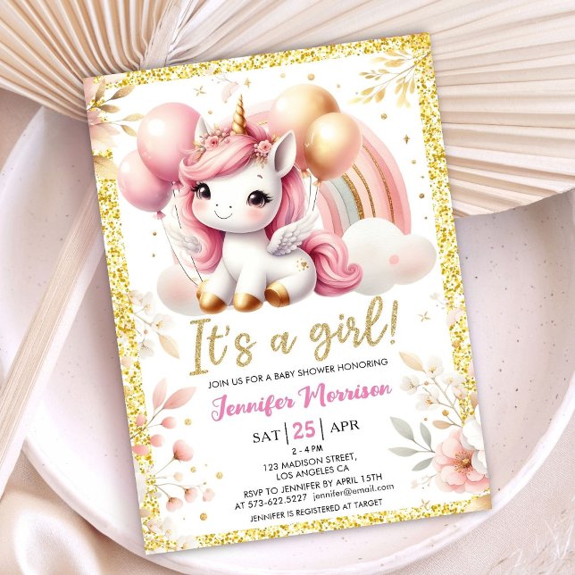 Invitación Globo de oro rosa para bebé de Unicornio (Subido por el creador)