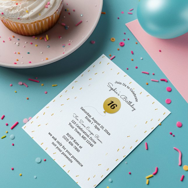 Invitación Globo de oro y Confetti cualquier número Cumpleaño (Subido por el creador)