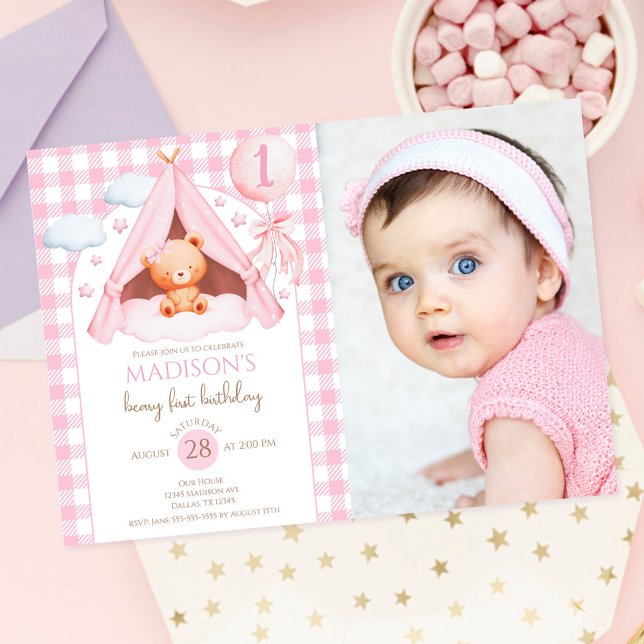 Invitación Globo de osito de gingham Cumpleaños niña 1 año (Subido por el creador)