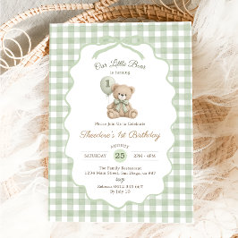 Invitación Globo de osito de peluche de gingham verde para el