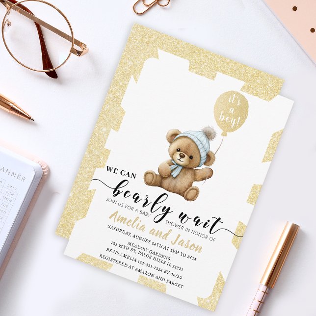 Invitación Globo de oso azul dorado niño bebé ducha (Subido por el creador)