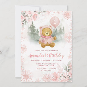 Invitación Globo de oso de invierno en rosa oro Cumpleaños 1