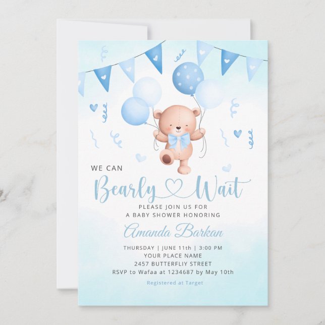 Invitación Globo de oso de peluche Boho acuarela bebé ducha (Anverso)