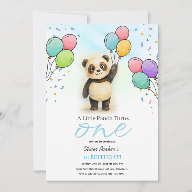Invitación Globo de Panda Bebé Fiesta de Cumpleaños 1er Azul (Anverso)