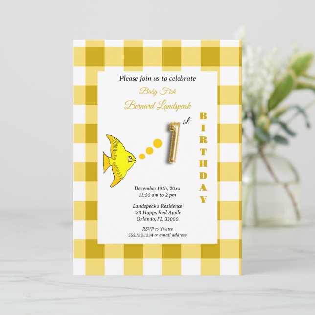Invitación Globo de papel de aluminio dorado con gingham amar (Anverso de pie)