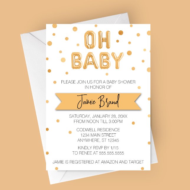 Invitación Globo de Papel de Oro Oh Baby Fiesta de Bebé (Oh Baby Gold Foil Balloon Letters Baby Shower Invitation - Neutral Baby Shower)