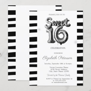 Invitación Globo de plata con rayas negras Dulces 16