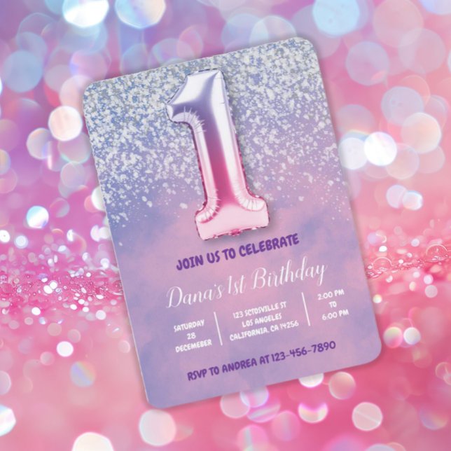 Invitación Globo de primer cumpleaños morado y rosado (Subido por el creador)