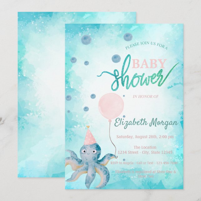 Invitación Globo de Pulpo Adorable Cumpleaños de Verano para  (Anverso / Reverso)
