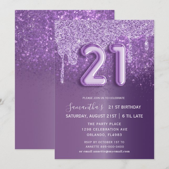 Invitación Globo de Purpurina Cumpleaños Moderno  (Anverso / Reverso)