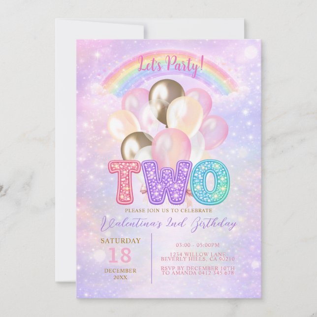 Invitación Globo de Purpurina de Arcoíris Brillante Cumpleaño (Anverso)