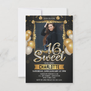 Invitación Globo de purpurina de foto Sweet 16 negro y dorado