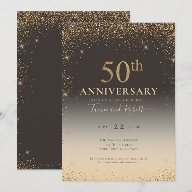 Invitación Globo de Purpurina Dorada Elegante Aniversario 50 (Anverso / Reverso)