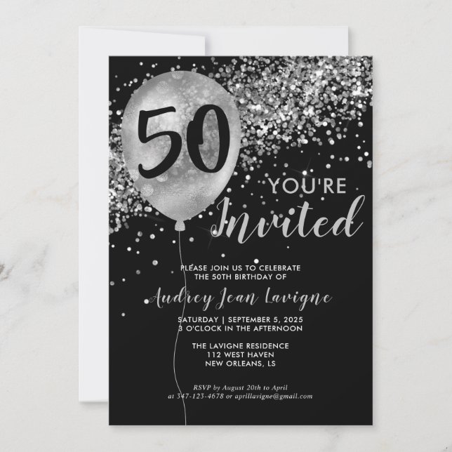 Invitación Globo de Purpurina gris plateado negro 50 cumpleañ (Anverso)