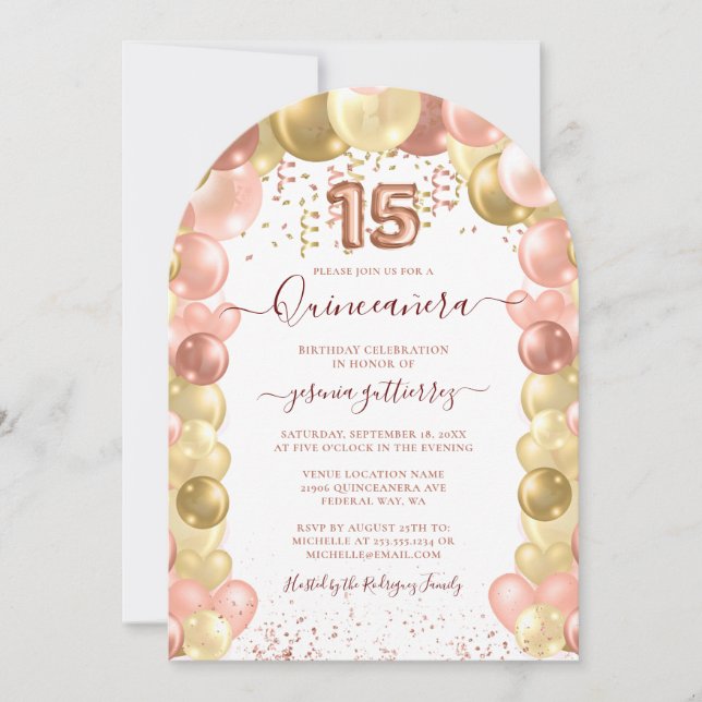 Invitación Globo de Quinceañera de oro Rosa (Anverso)