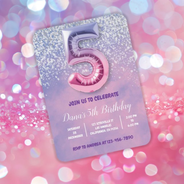 Invitación Globo de quinto cumpleaños morado y rosado (Subido por el creador)