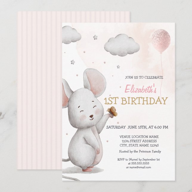Invitación Globo de ratón adorable rayado de cumpleaños (Anverso / Reverso)