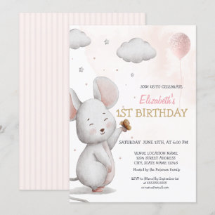 Invitación Globo de ratón adorable rayado de cumpleaños