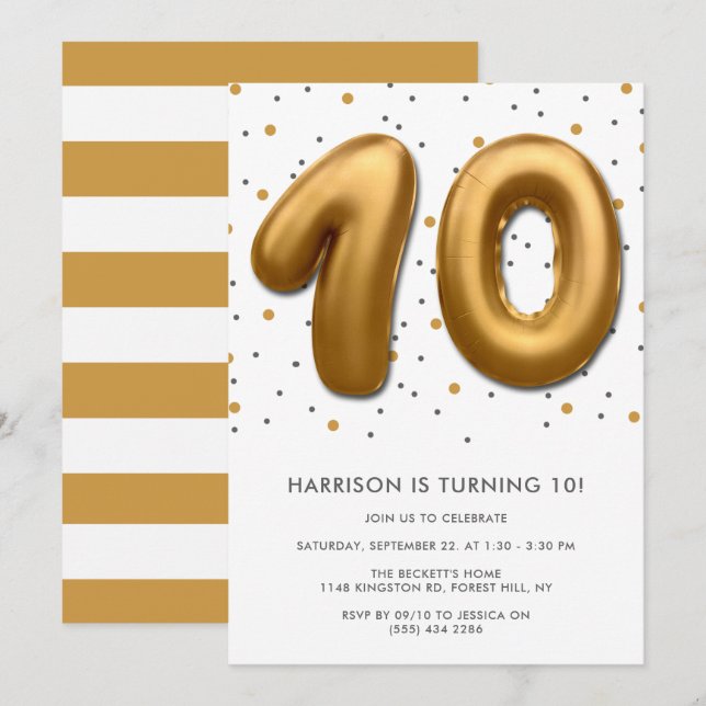 Invitación Globo de Relieve metalizado dorado moderno 10 cump (Anverso / Reverso)