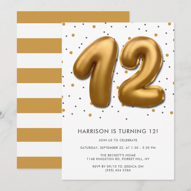 Invitación Globo de Relieve metalizado dorado moderno 12º cum (Anverso / Reverso)