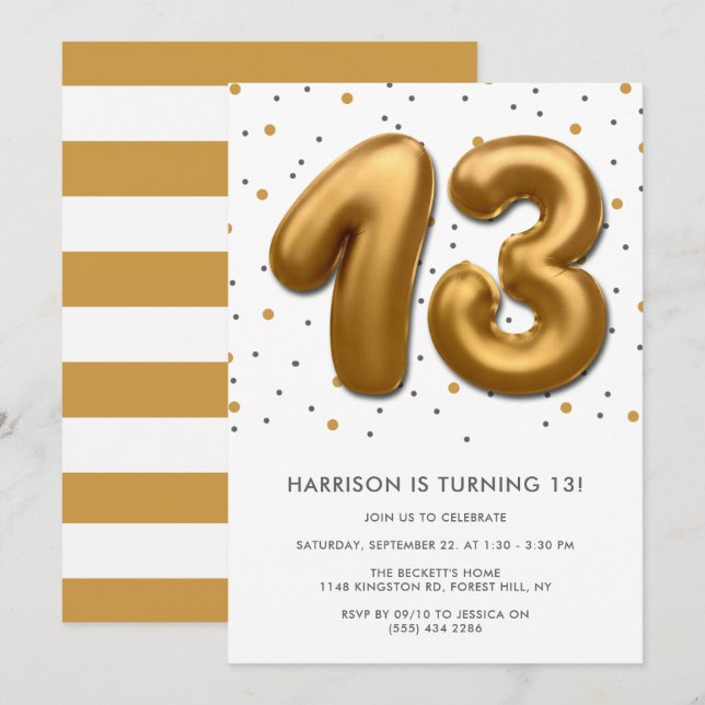 Invitación Globo de Relieve metalizado dorado moderno 13 cump (Anverso / Reverso)