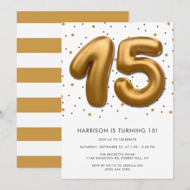 Invitación Globo de Relieve metalizado dorado moderno 15 cump (Anverso / Reverso)