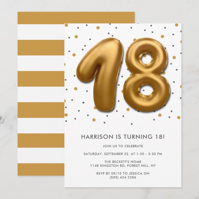 Invitación Globo de Relieve metalizado dorado moderno 18 cump (Anverso / Reverso)
