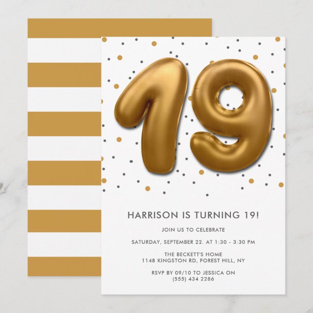 Invitación Globo de Relieve metalizado dorado moderno 19 cump (Anverso / Reverso)
