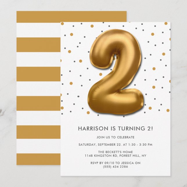Invitación Globo de Relieve metalizado dorado moderno 2º cump (Anverso / Reverso)