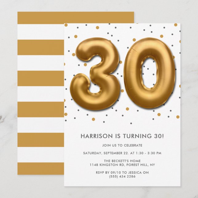 Invitación Globo de Relieve metalizado dorado moderno 30 cump (Anverso / Reverso)