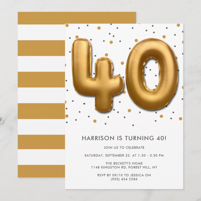 Invitación Globo de Relieve metalizado dorado moderno 40 cump (Anverso / Reverso)