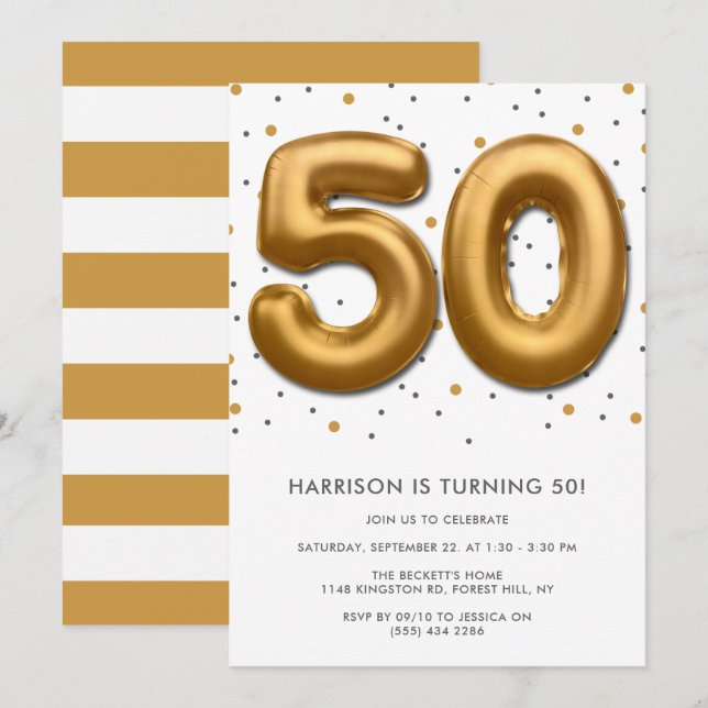 Invitación Globo de Relieve metalizado dorado moderno 50 cump (Anverso / Reverso)