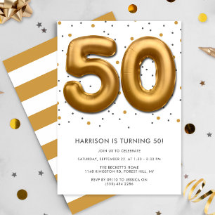 Invitación Globo de Relieve metalizado dorado moderno 50 cump