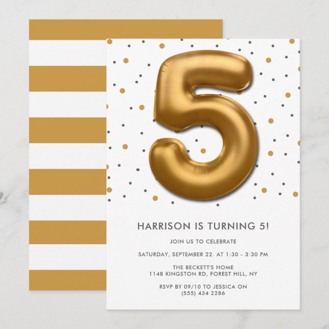 Invitación Globo de Relieve metalizado dorado moderno 5 cumpl (Anverso / Reverso)