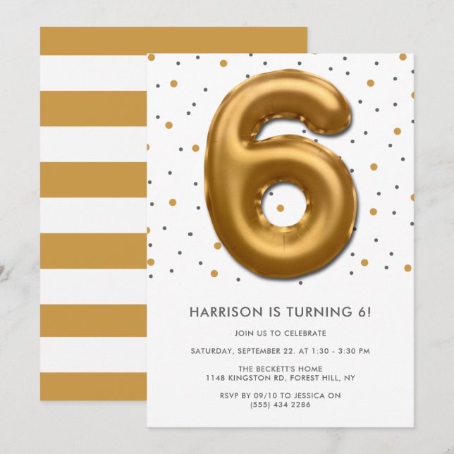 Invitación Globo de Relieve metalizado dorado moderno 6º cump (Anverso / Reverso)