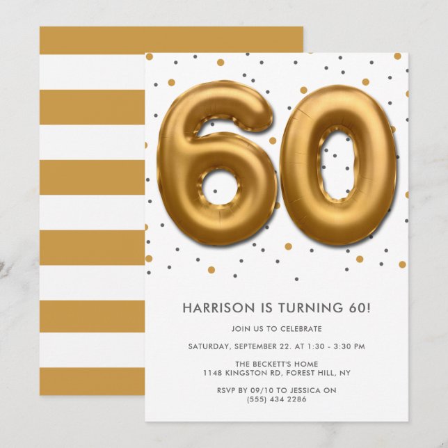 Invitación Globo de Relieve metalizado dorado moderno 60 cump (Anverso / Reverso)