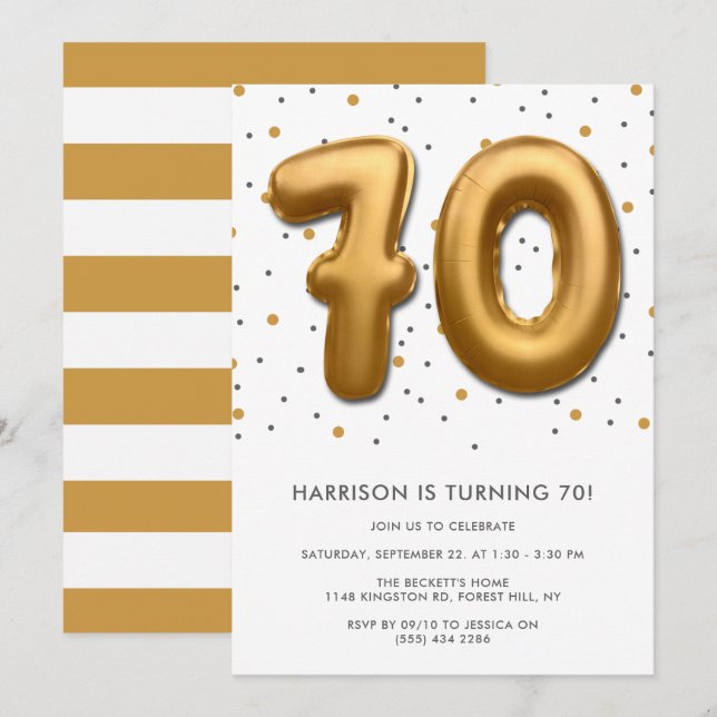 Invitación Globo de Relieve metalizado dorado moderno 70 cump (Anverso / Reverso)