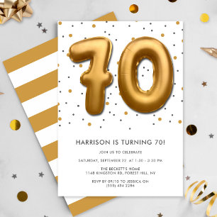 Invitación Globo de Relieve metalizado dorado moderno 70 cump